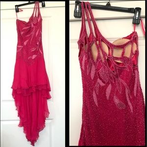 Y2K SCALA One Shoulder Pink High Low Silk Dress with Beading- Homecoming, Prom